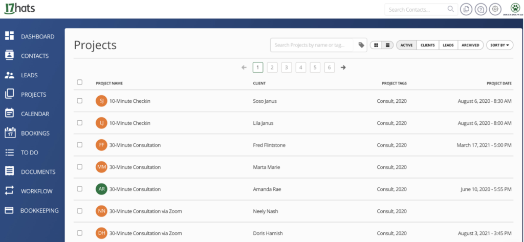 Project List View in 17hats